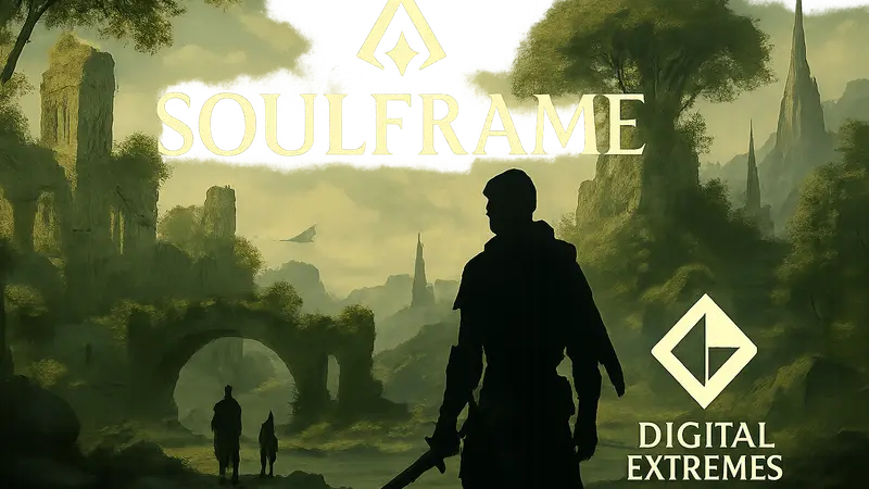 Логотип Soulframe и Digital Extremes, на фоне концепт-арта фэнтезийной RPG, подтвержденной для консолей.