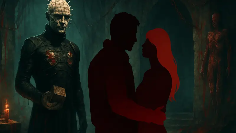 Скриншот или арт из игры Hellraiser: Revival, показывающий главного героя Эйдена и его подругу