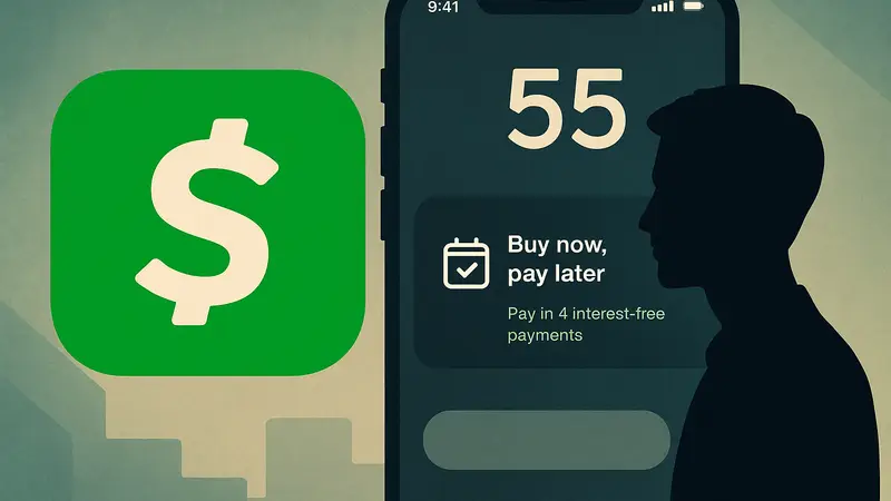 Логотип Cash App на фоне интерфейса мобильного приложения с новой функцией отложенной оплаты.