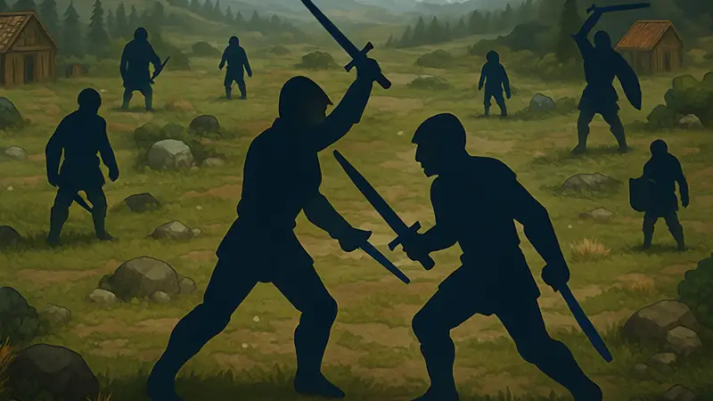 Скриншот из тактической RPG Battle Brothers, демонстрирующий бой и новые мечи