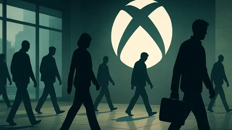 Логотип Xbox на фоне уходящих силуэтов людей, символизирующих увольнения и сокращения.