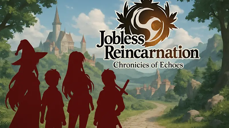 Логотип мобильной RPG Jobless Reincarnation: Chronicles of Echoes с персонажами аниме.