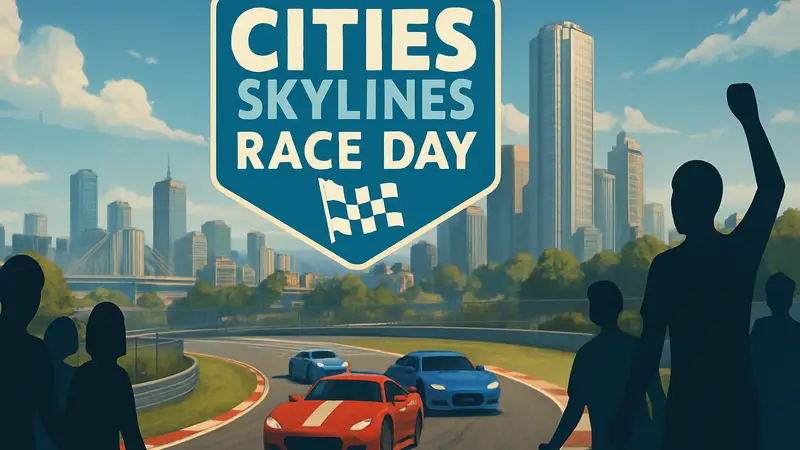 Логотип Cities: Skylines Race Day DLC на фоне городского пейзажа, гоночные автомобили на трассе