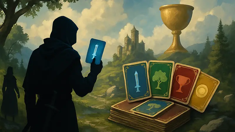 Обложка игры Deckbuilder Grail с изображением карточной колоды и фэнтезийных элементов.