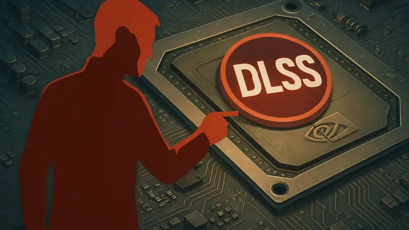 Логотип DLSS на фоне микросхемы NVIDIA, символизирующий конфликт