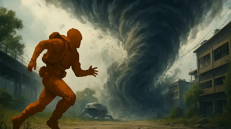 Персонаж Arc Raiders, убегающий от приближающегося урагана, символизирующего игровые события и нерфы