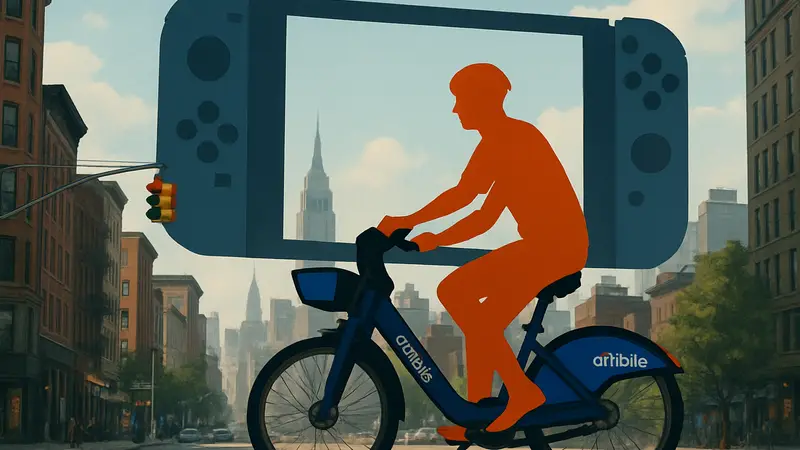 Крис Персон на велосипеде Citi Bike в Нью-Йорке, с силуэтом Nintendo Switch 2 на заднем плане.