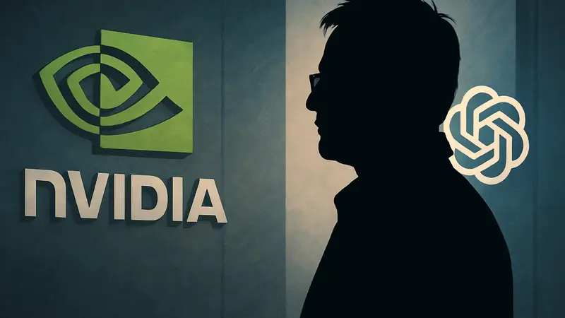 Дженсен Хуанг, CEO Nvidia, на фоне логотипов Nvidia и OpenAI.