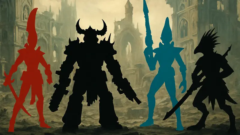 Изображение нескольких новых миниатюр для настольной игры Warhammer 40,000, включая хаоситов и эльдар.