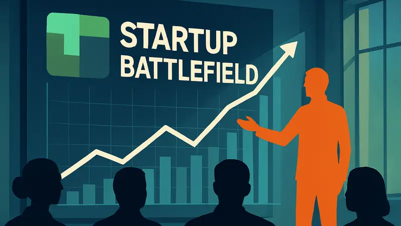 Логотип Startup Battlefield на фоне графика роста стартапа.