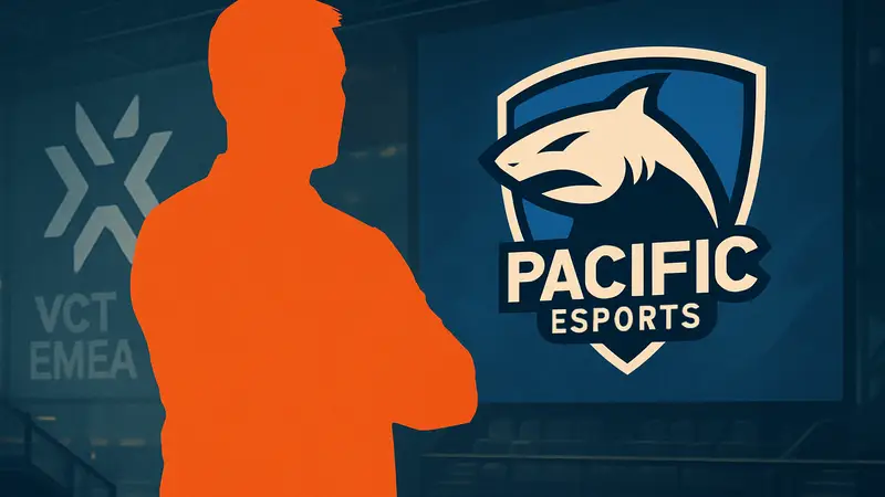 Тренер Metin Kaan ‘Leader‘ Taşpınar и логотип киберспортивной команды PCIFIC Esports на фоне VCT EMEA.