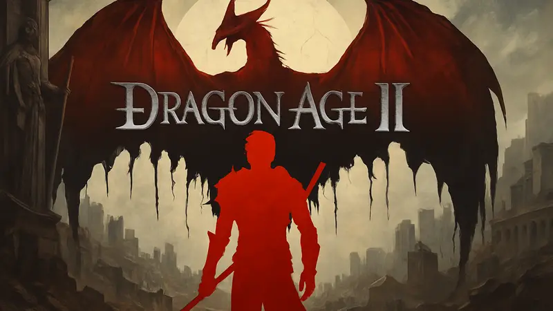 Обложка игры Dragon Age 2 с главным героем Хоуком и логотипом BioWare.