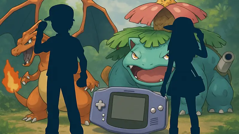 Главные персонажи Pokémon FireRed и LeafGreen на фоне покемонов, GBA