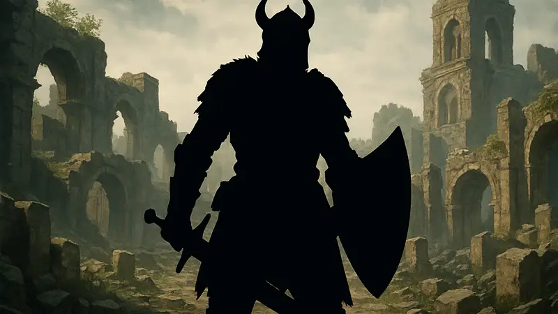 Темный рыцарь Dark Souls 2 в доспехах со щитом и мечом на фоне руин