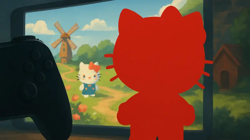 Изображение персонажа Hello Kitty на фоне игрового контроллера или скриншота игры