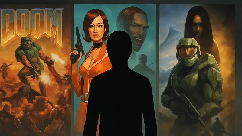 Коллаж из обложек культовых FPS игр, недоступных для покупки в цифровых магазинах, напоминающий о потерянных шутерах