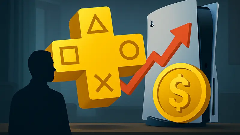 Логотип PS Plus на фоне консоли PlayStation, символизирующий изменения цен.