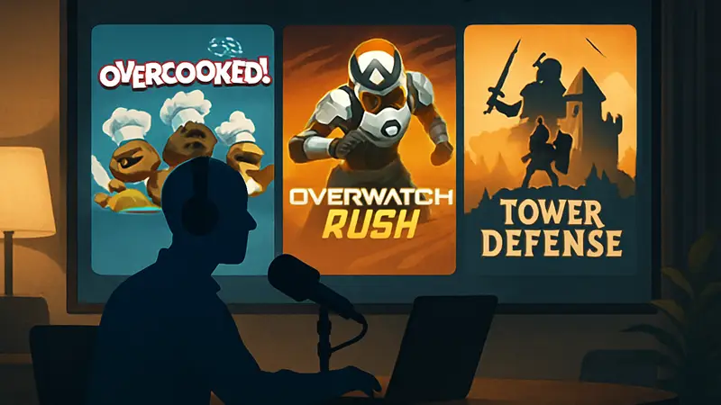 Обложка подкаста Pocket Gamer с логотипами обсуждаемых игр: Overcooked, Overwatch Rush.