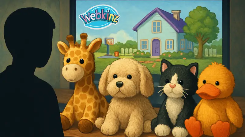 Плюшевые игрушки Webkinz, сделанные вручную фанатами, на фоне элементов игры.