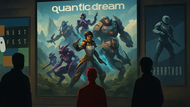 Обложка игры Quantic Dream в жанре MOBA на фоне Steam Next Fest и Marathon.
