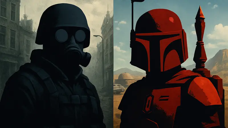 Hunk из Resident Evil и Боба Фетт из Star Wars стоят рядом в своих масках, сравнительный коллаж