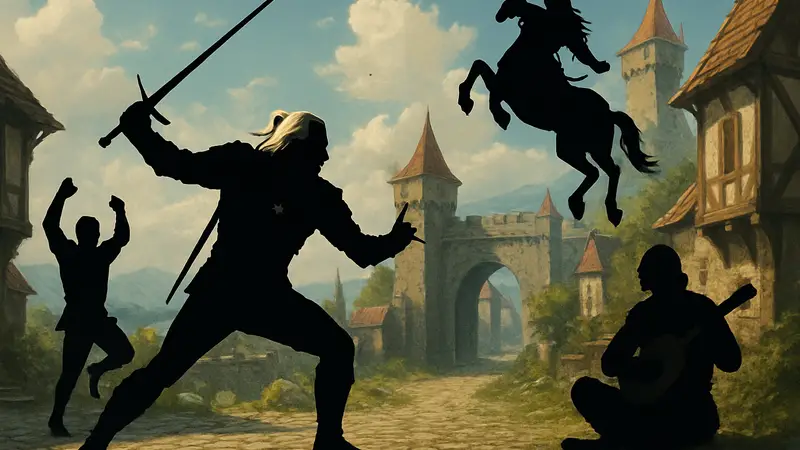 Геральт и другие персонажи из The Witcher 3 Online, совершающие необычные действия в фэнтезийном мире.