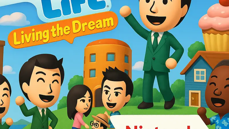 Логотип Tomodachi Life: Living the Dream и Nintendo Direct на фоне игрового мира, символизирующий анонс.