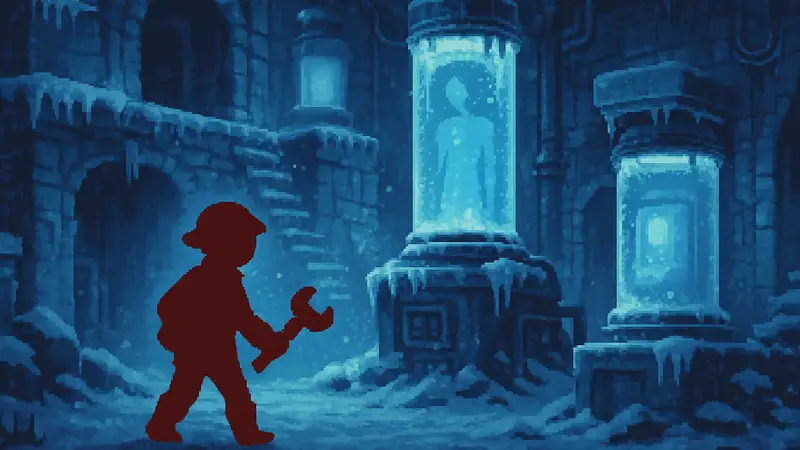 Скриншот из игры Ratcheteer DX, показывающий главного героя в подземной крио-колонии на Nintendo Switch.