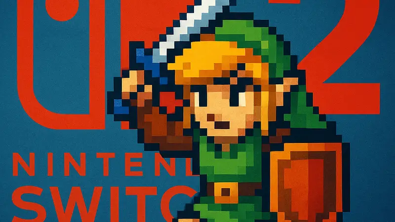 Пиксельное изображение Link из классической игры The Legend of Zelda, с логотипом Nintendo Switch 2 на заднем плане