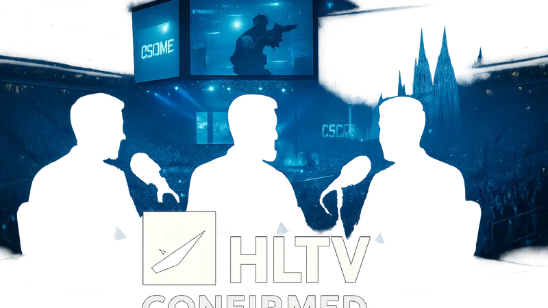 Логотип HLTV Confirmed, микрофоны, аналитики за столом, на фоне киберспортивный турнир в Кёльне.