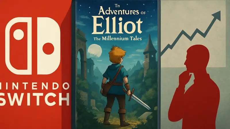 Обложка игры The Adventures Of Elliot: The Millennium Tales на фоне логотипа Nintendo Switch и стилизованного графика британских игровых продаж.