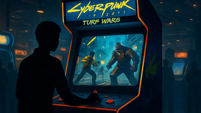 Аркадный автомат с игрой Cyberpunk 2077: Turf Wars, изображающий новый игровой процесс.
