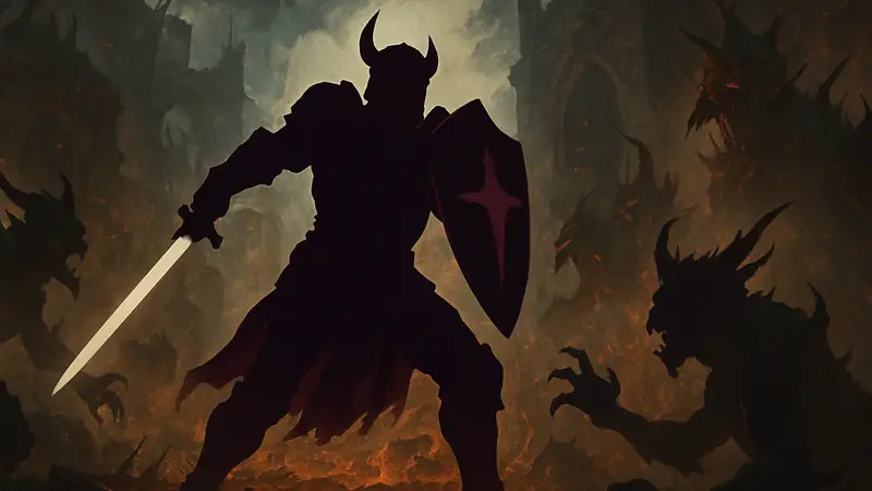 Паладин из Diablo 4 в полном доспехе, сражающийся с демонами, 12 сезон