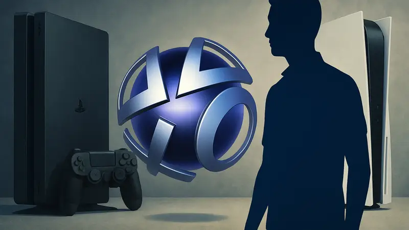 Логотип PlayStation Network на фоне консолей Sony PlayStation. Ребрендинг PSN, новое название игровой сети.