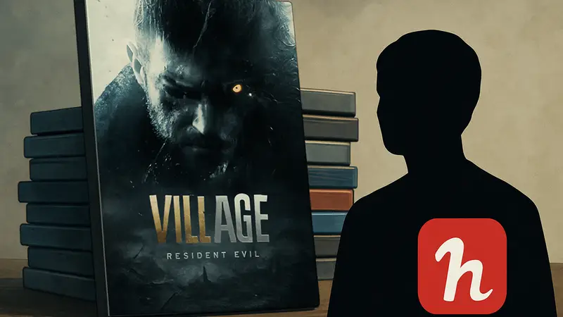 Обложка Resident Evil Village и логотип Humble Choice на фоне стопки игр