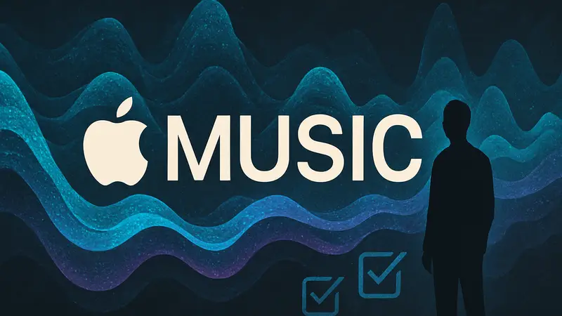 Логотип Apple Music на фоне музыкальных волн, символизирующих AI-музыку и метки прозрачности.