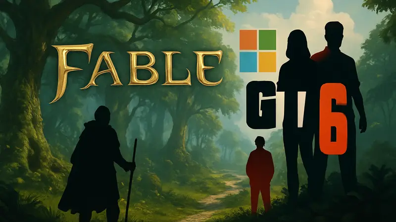 Логотип Fable с изображением волшебного леса, на фоне логотип Microsoft и GTA 6.