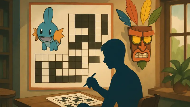 Мини-кроссворд по играм с вопросами о покемонах и Crash Bandicoot, для фанатов головоломок.