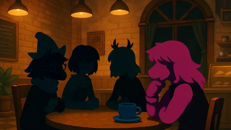 Скриншот из Deltarune Chapter 5 с персонажами в кафе, обсуждающими что-то.