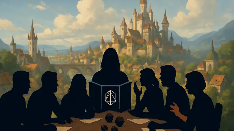 Группа актеров Critical Role за столом, играющих в D&D, с изображением фэнтезийного города на фоне, символизирующим масштаб кампании.