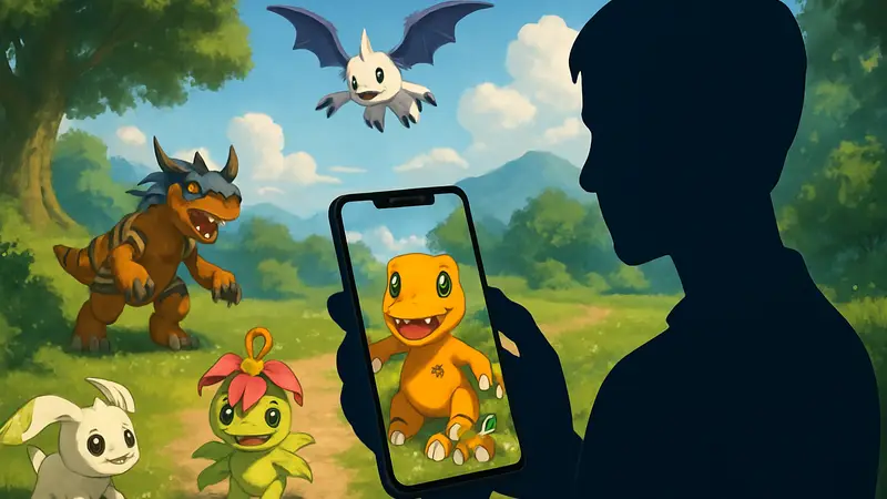 Изображение с персонажами Digimon из игры Digimon Up, демонстрирующее мобильный геймплей.