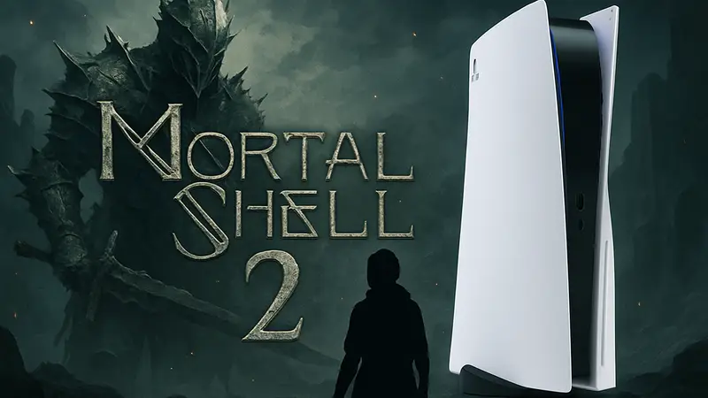 Логотип игры Mortal Shell 2, демонстрирующий тёмную фэнтезийную эстетику, на фоне консоли PlayStation 5.