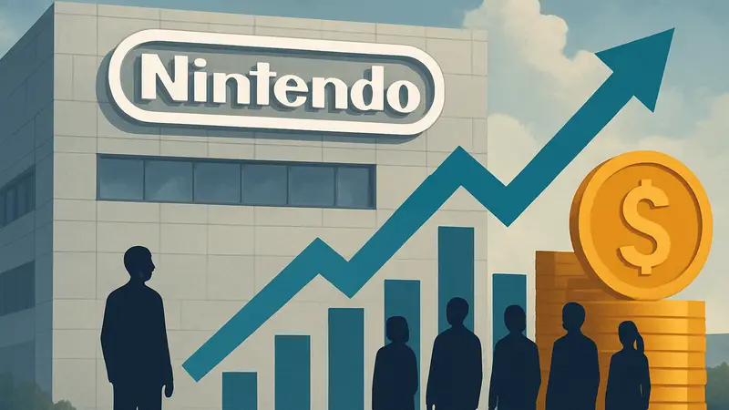 Логотип Nintendo и графика, символизирующая финансовый рост и зарплаты сотрудников