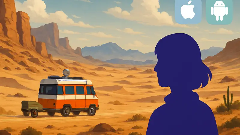 Скриншот из игры Caravan SandWitch, караван на фоне пустынного пейзажа, iOS, Android