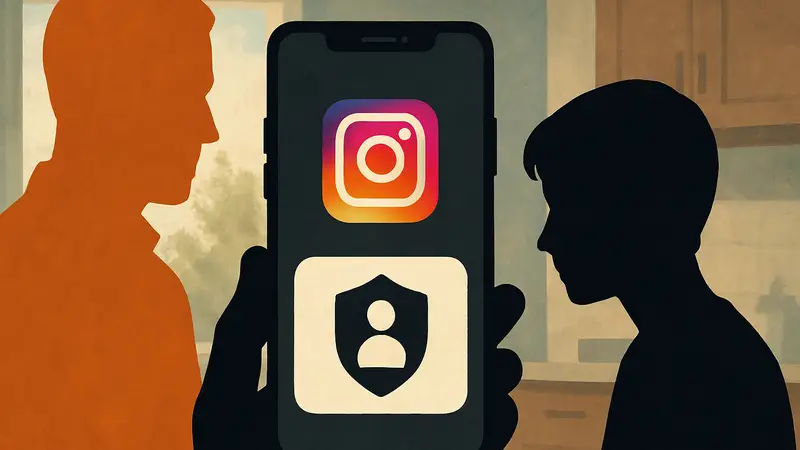 Логотип Instagram на экране смартфона с уведомлением о безопасности подростка и родительском контроле.