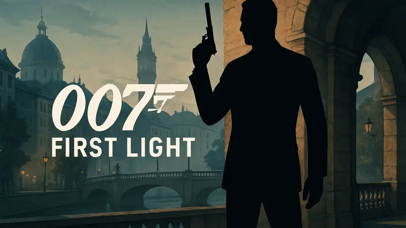 Логотип игры 007 First Light с силуэтом Джеймса Бонда на фоне.