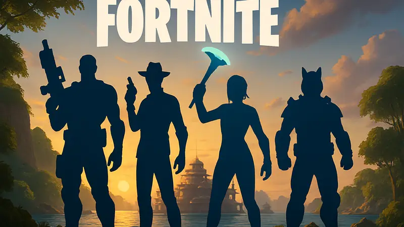 Логотип Fortnite и спрайты персонажей, событие Shinier power hours в игре.