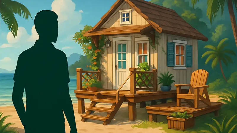 Уютный пляжный мини-дом в Sims 4 с видом на океан, построенный игроком.