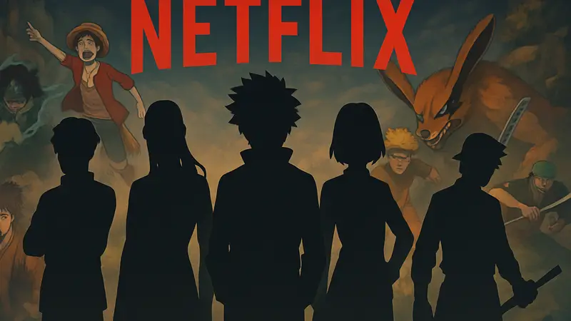 Разнообразные персонажи из популярных аниме-сериалов, логотип Netflix на фоне.