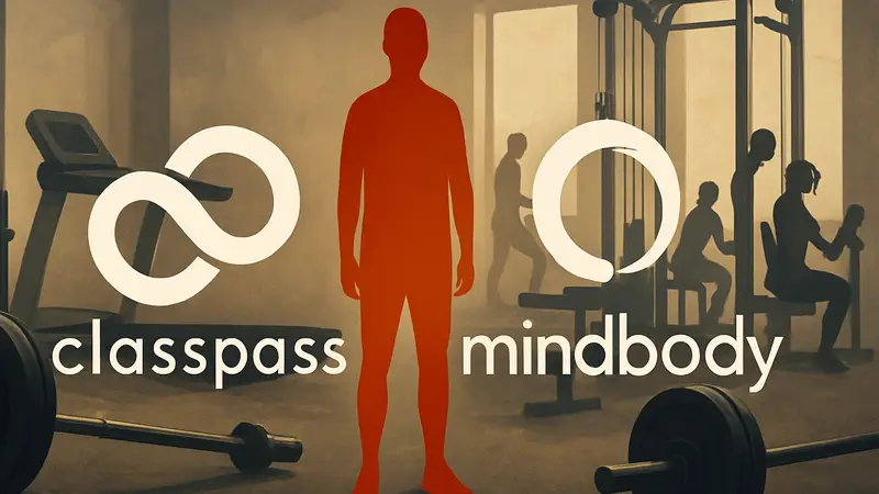 Логотипы ClassPass и Mindbody, символизирующие слияние, на фоне фитнес-оборудования